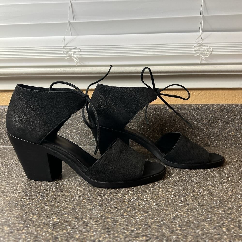 Eileen Fisher Black Textured Leather Chunky Heels Tie Up Peep Toe Women's Sz 9.5 - Picture 4 of 11